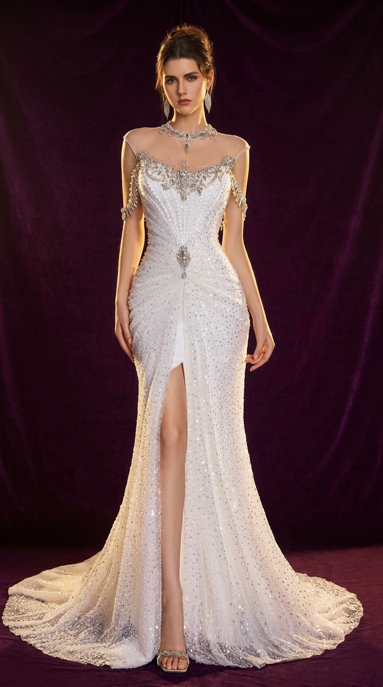 Crystal illusion draped sequin gown by Legacy International Couture